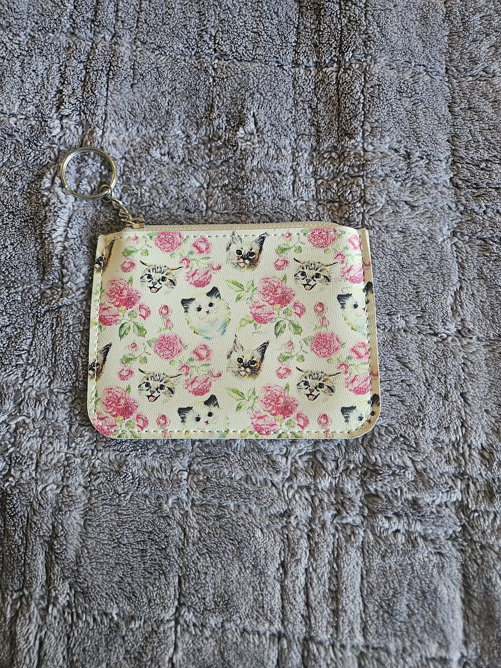 Floral Cat Print Zip Card Wallet Keychain - Pink & White